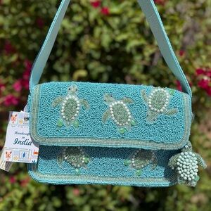 NWT Made in India Turtle Blue Embellished Beaded Shoulder Bag with Turtle Charm